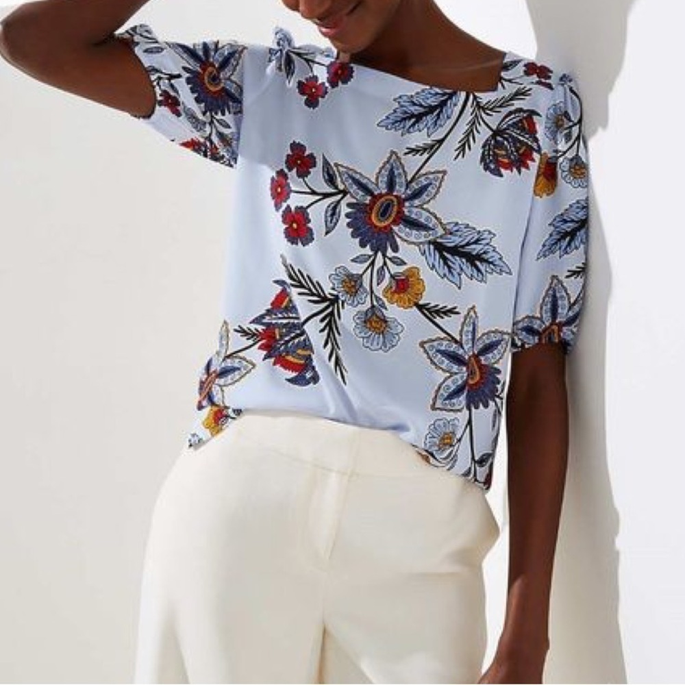Loft Women's Size Small Square Neck Blouse‎ Light Blue Floral Red Gold White